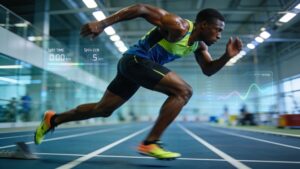 An elite sprinter training on an indoor track surrounded by modern sports science performance metrics.