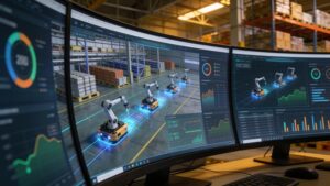 A warehouse control center monitor showcasing real-time 3D fleet tracking and inventory analytics.