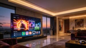 Smart TV displaying an interactive direct-to-fan sports streaming app with live match stats and camera selection.