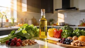 Fresh organic whole foods and olive oil displayed on a sunlit modern kitchen counter.