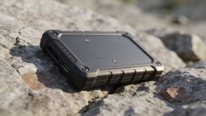 Rugged portable SSD showing water resistance and durability features"