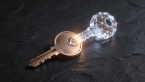 Conceptual illustration of classical and post-quantum keys merging into a hybrid security lock