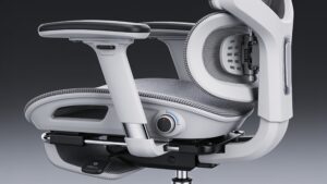 Ergonomic office chair in a modern sunlit workspace showing lumbar support and mesh backrest