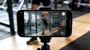 Smartphone recording a high-quality behind-the-scenes video of an athlete during a training session.