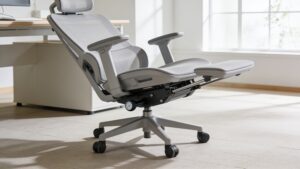 Detailed view of 4D adjustable armrests and neck support headrest on an ergonomic office chair