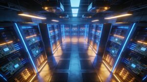Rows of high-performance server racks inside a modern sovereign data center.