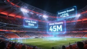 Packed modern stadium illuminated at night with digital holographic analytics floating above the field.