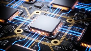 Close-up of a powerful microchip circuit board lighting up with digital processing power.