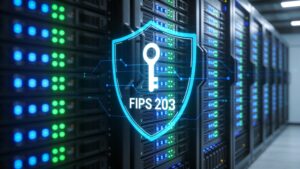 Modern data center server room with high-performance nodes and glowing security shield