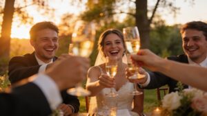 Close-up of hands holding a bouquet at an intimate wedding celebration