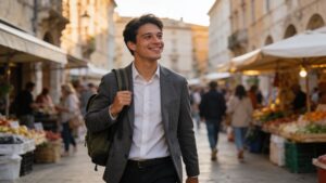 Business traveler exploring a city during personal time added to a work trip"