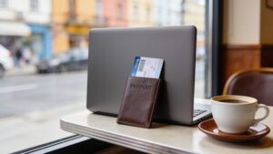 Laptop and travel documents representing the blend of business and leisure travel"