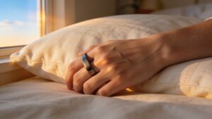 Person wearing a smart ring while sleeping, representing the sleep tracking trend"