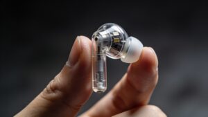 Close-up of a wireless earbud showcasing its design and build quality"