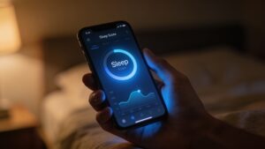 Smartphone displaying a generic sleep tracking score dashboard"