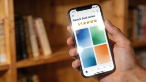 "Smartphone showing book ratings and reviews, representing the romantasy sales boom"