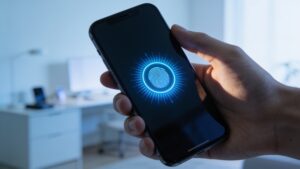 "Smartphone fingerprint unlock representing passkey login technology"
