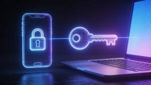 "Conceptual illustration of a passkey's two-part key system between devices"