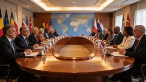 International diplomats engaged in multilateral negotiations at a modern global summit.