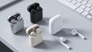 Five wireless earbud charging cases arranged on a desk, representing budget earbud options