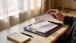 Business traveler organizing expenses and itinerary for a bleisure trip"