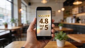 Smartphone showing product star ratings, representing how to evaluate earbud reviews"