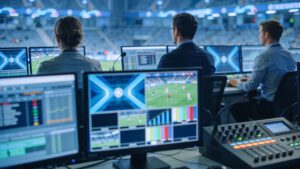 Broadcast control room representing growing media investment in women's sports