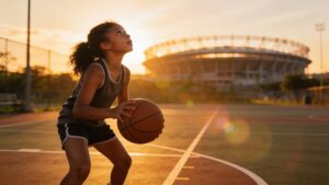 Young girl practicing basketball with a stadium in the background, symbolizing the future of women's sports"