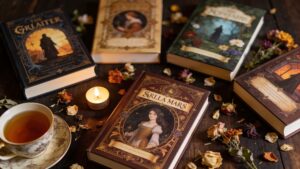 "Flat-lay of fantasy romance books with cozy reading aesthetic styling"