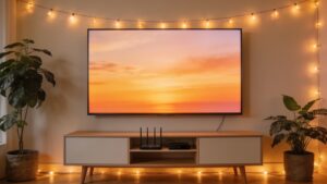 "Modern living room setup with a wall-mounted TV, representing the future of home entertainment"