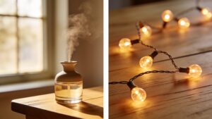 "Simple scent diffuser and string lights, showing budget-friendly immersive event design"
