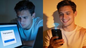 "Side-by-side comparison of password frustration versus quick passkey login"