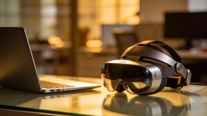 Advanced spatial computing headset and modern hardware resting on an office desk.