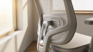 Ergonomic office chair in a modern sunlit workspace showing lumbar support and mesh backrest