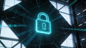Digital security lock illustration overlaid on complex encrypted computer data streams.