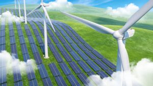 Renewable energy solar array and wind turbines set in a green countryside landscape.