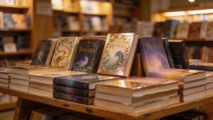 "Bookstore display table featuring fantasy romance books, reflecting the romantasy sales boom"