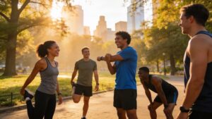 "A diverse group of runners gathering in a park at sunrise for a run club"