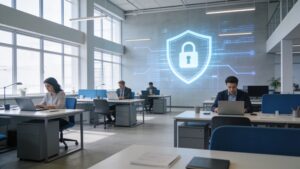 "Modern office workspace representing companies adopting passkey security"