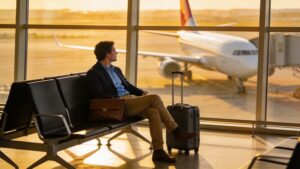 Business traveler relaxing at the airport after a bleisure trip