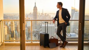 Business traveler enjoying a city view during a bleisure trip"