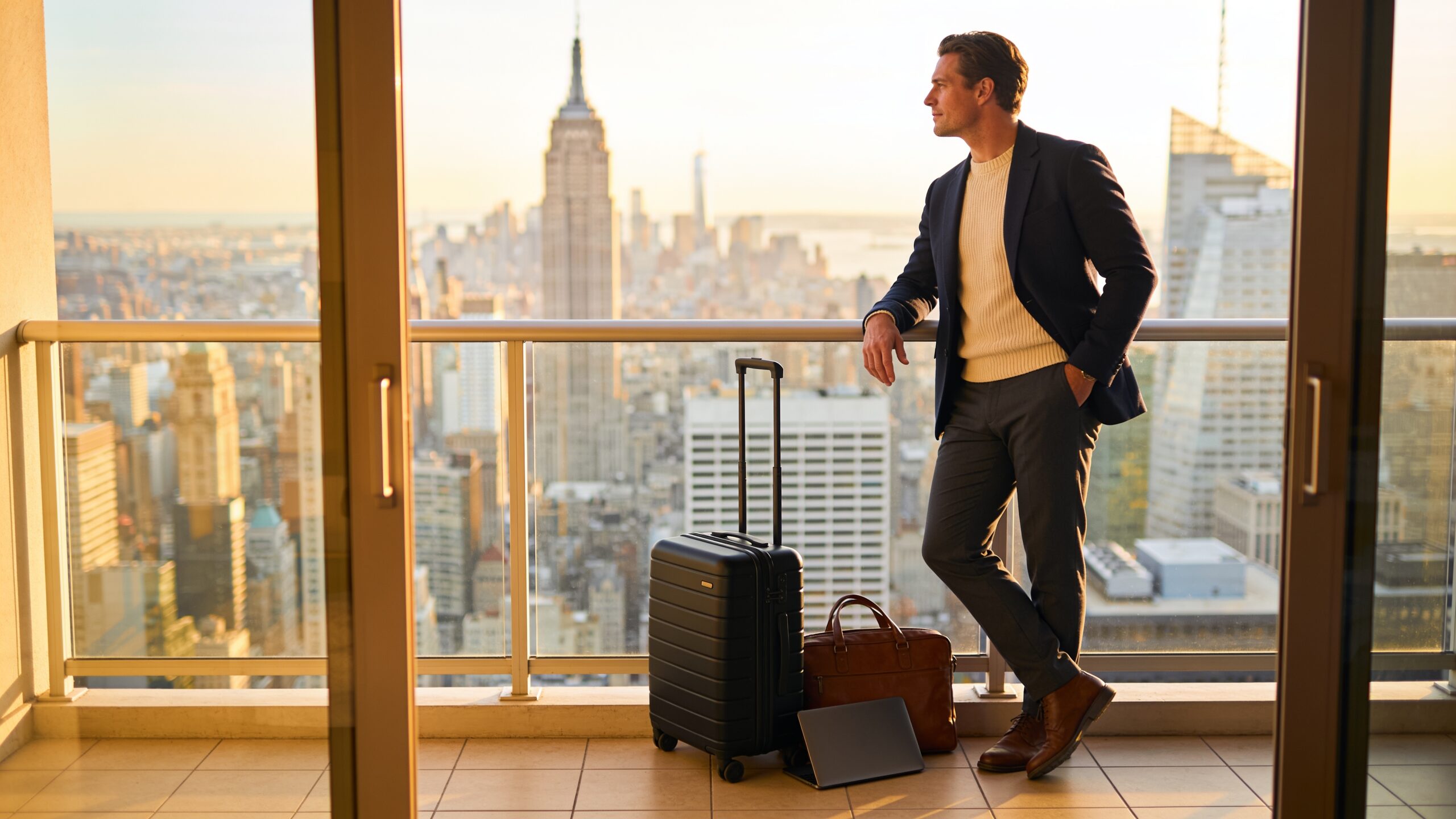 Business traveler enjoying a city view during a bleisure trip"