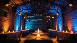 "Industrial warehouse venue with dramatic lighting, an example of an immersive event space"