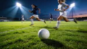 Women's professional soccer match under stadium lights at dusk