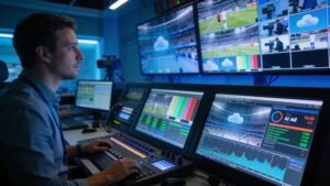 High-tech control room with screens displaying live global broadcast feeds and low-latency network data.