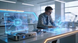 Engineers analyzing glowing holographic data networks in a modern technology laboratory.