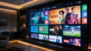 Smartphone streaming a live sports match using a direct-to-consumer OTT app at an athletic stadium.