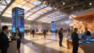 Business delegates walking through a modern glass-roofed convention center hall with high-tech digital displays.