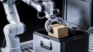 A robotic picking arm with soft pneumatic end-effectors lifting stock from a fulfillment tote.