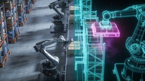 A physical automated storage system merging visually into a glowing 3D digital twin simulation model.